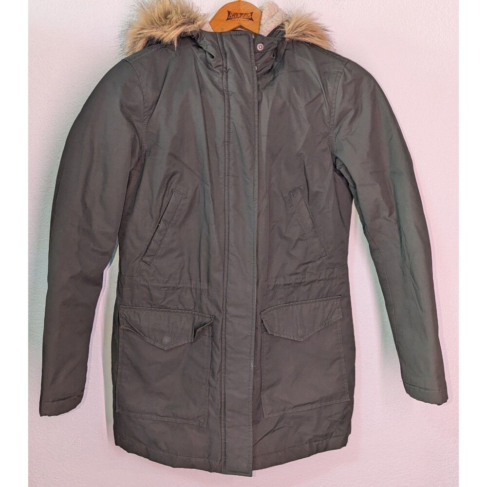 Levis Jacket Green Sherpa Lined Parka Jacket Faux Fur Trim Hooded Size XS (A28)